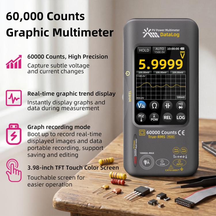 BSIDE S600A Multimetro grafico touchscreen da 60000 conteggi Tester fotovoltaico True-RMS con registratore di dati, Standard, Standard+TP02 Flexible Current Clamp