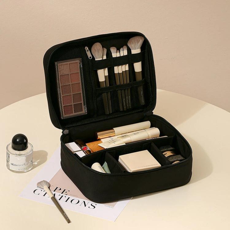 Borsa da viaggio per il trucco, organizer per cosmetici con divisori regolabili e scomparti porta pennelli., Single Layer Black, Single Layer Pink, Single Layer Brown, Single Layer Beige, Double Layer Black, Double Layer Pink, Double Layer Brown
