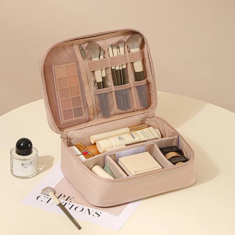 Borsa da viaggio per il trucco, organizer per cosmetici con divisori regolabili e scomparti porta pennelli., Single Layer Black, Single Layer Pink, Single Layer Brown, Single Layer Beige, Double Layer Black, Double Layer Pink, Double Layer Brown