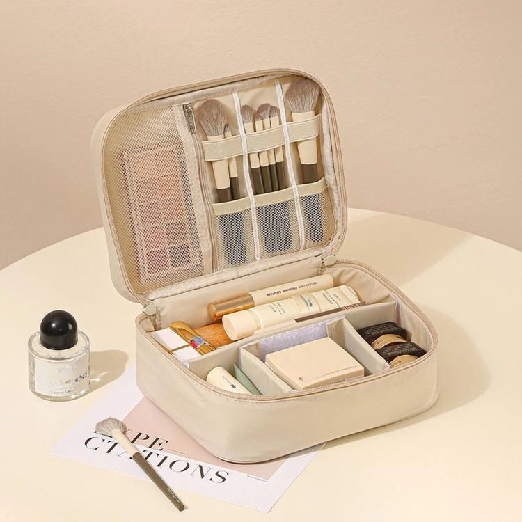 Borsa da viaggio per il trucco, organizer per cosmetici con divisori regolabili e scomparti porta pennelli., Single Layer Black, Single Layer Pink, Single Layer Brown, Single Layer Beige, Double Layer Black, Double Layer Pink, Double Layer Brown