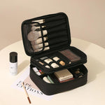 Borsa da viaggio per il trucco, organizer per cosmetici con divisori regolabili e scomparti porta pennelli., Single Layer Black, Single Layer Pink, Single Layer Brown, Single Layer Beige, Double Layer Black, Double Layer Pink, Double Layer Brown