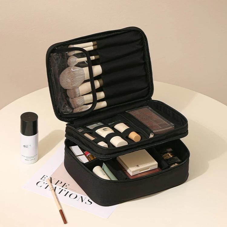 Borsa da viaggio per il trucco, organizer per cosmetici con divisori regolabili e scomparti porta pennelli., Single Layer Black, Single Layer Pink, Single Layer Brown, Single Layer Beige, Double Layer Black, Double Layer Pink, Double Layer Brown