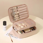 Borsa da viaggio per il trucco, organizer per cosmetici con divisori regolabili e scomparti porta pennelli., Single Layer Black, Single Layer Pink, Single Layer Brown, Single Layer Beige, Double Layer Black, Double Layer Pink, Double Layer Brown