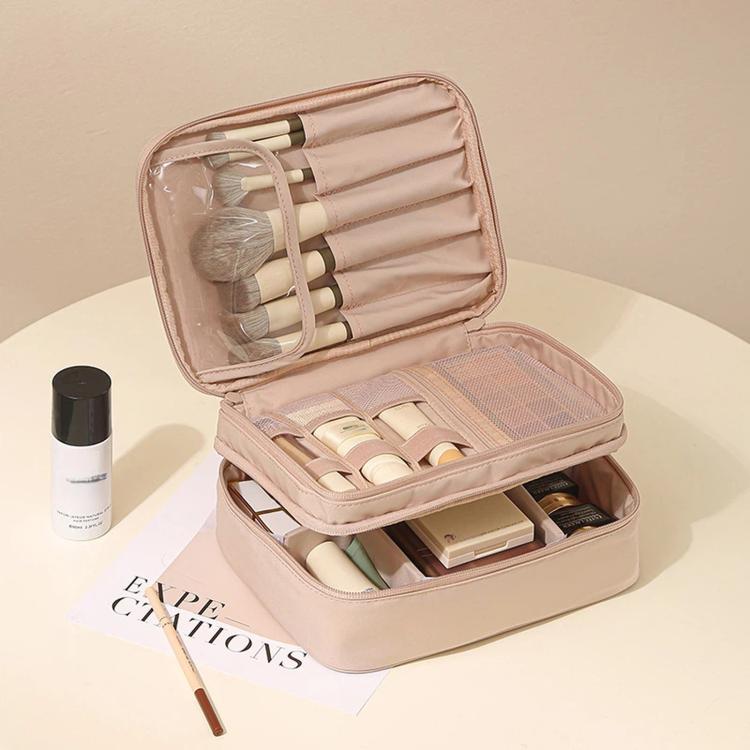 Borsa da viaggio per il trucco, organizer per cosmetici con divisori regolabili e scomparti porta pennelli., Single Layer Black, Single Layer Pink, Single Layer Brown, Single Layer Beige, Double Layer Black, Double Layer Pink, Double Layer Brown