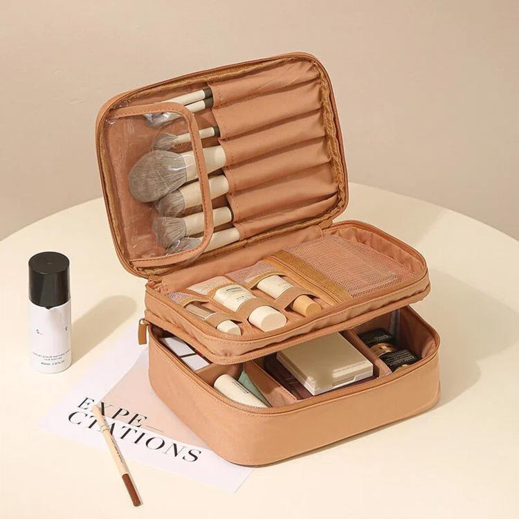 Borsa da viaggio per il trucco, organizer per cosmetici con divisori regolabili e scomparti porta pennelli., Single Layer Black, Single Layer Pink, Single Layer Brown, Single Layer Beige, Double Layer Black, Double Layer Pink, Double Layer Brown