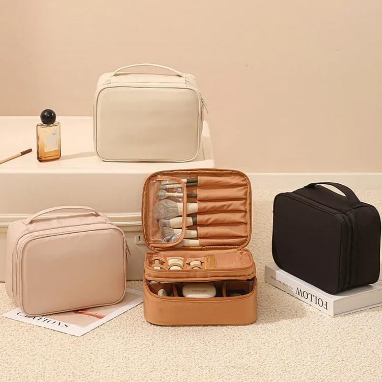 Borsa da viaggio per il trucco, organizer per cosmetici con divisori regolabili e scomparti porta pennelli., Single Layer Black, Single Layer Pink, Single Layer Brown, Single Layer Beige, Double Layer Black, Double Layer Pink, Double Layer Brown