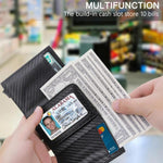 Portafoglio pop-up con protezione RFID in fibra di carbonio, porta carte, portamonete e fermasoldi.