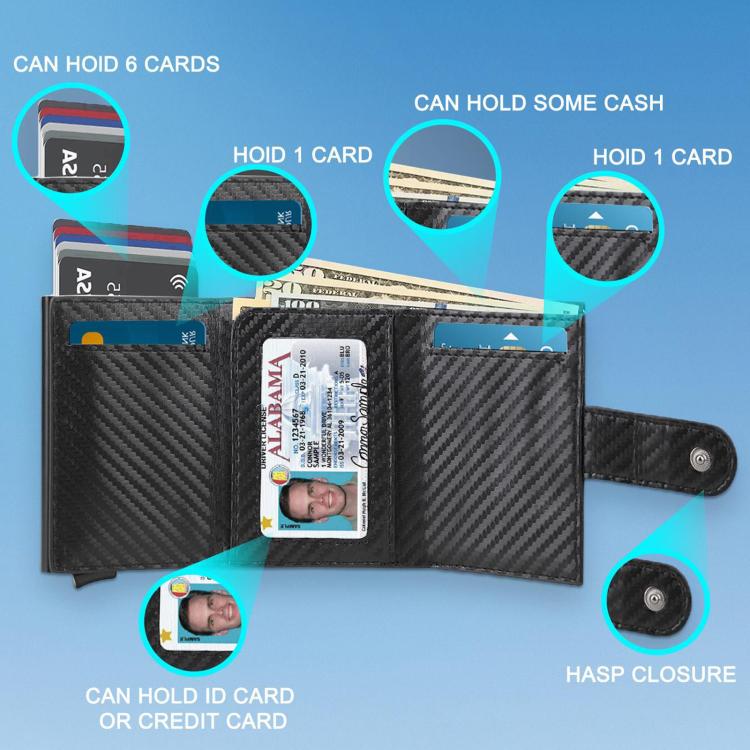 Portafoglio pop-up con protezione RFID in fibra di carbonio, porta carte, portamonete e fermasoldi.