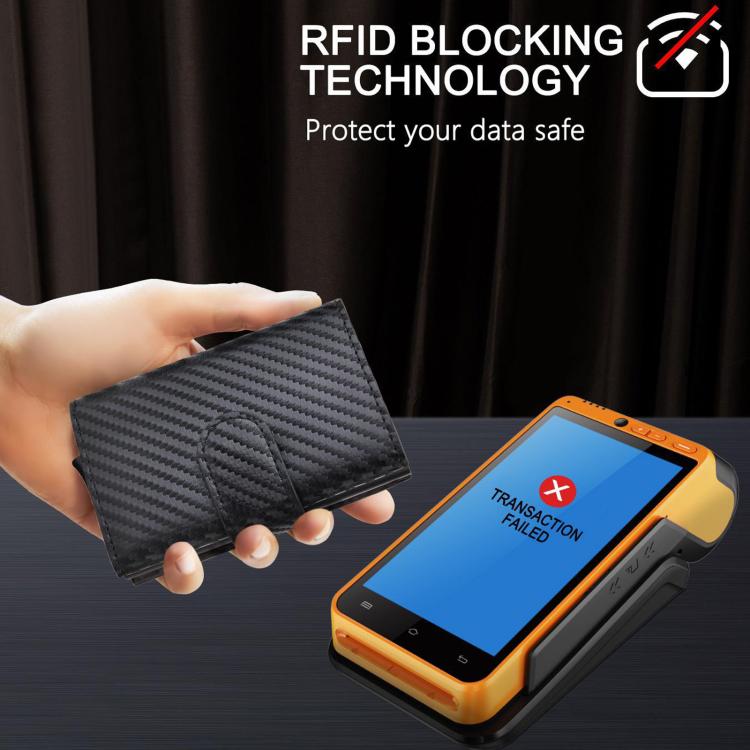 Portafoglio pop-up con protezione RFID in fibra di carbonio, porta carte, portamonete e fermasoldi.