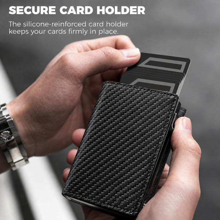 Portafoglio pop-up con protezione RFID, portamonete e porta carte di credito sottile in pelle effetto fibra di carbonio.