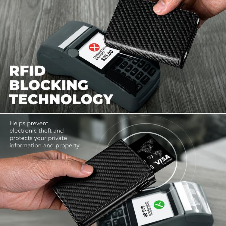 Portafoglio pop-up con protezione RFID, portamonete e porta carte di credito sottile in pelle effetto fibra di carbonio.