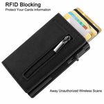 Portafoglio pop-up con protezione RFID, tasca portamonete con cerniera, design sottile e minimalista per carte di credito.