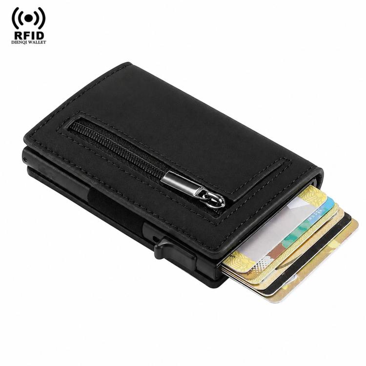 Portafoglio pop-up con protezione RFID, tasca portamonete con cerniera, design sottile e minimalista per carte di credito.