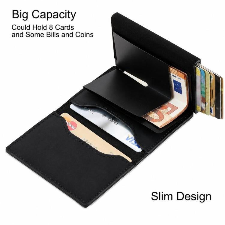 Portafoglio pop-up con protezione RFID, tasca portamonete con cerniera, design sottile e minimalista per carte di credito.