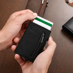 Portafoglio pop-up con protezione RFID, tasca portamonete con cerniera, design sottile e minimalista per carte di credito.