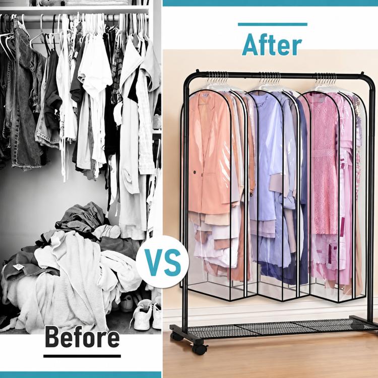 Copertura trasparente per asta porta abiti da appendere, organizer per vestiti, 60x25x110cm, 60x25x130cm, 60x25x153cm