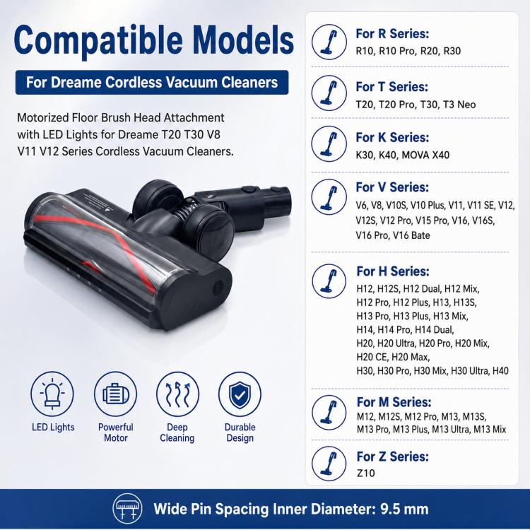 Spazzola motorizzata per pavimenti con luci LED per aspirapolvere senza filo Dreame serie T20 T30 V8 V11 V12, Motorized Floor Brush Head