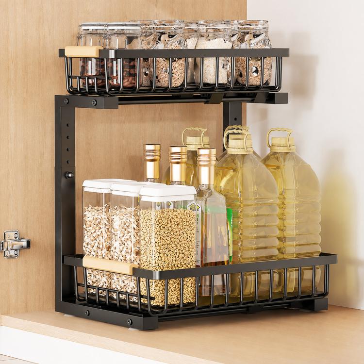 Organizzatore sottolavello regolabile in altezza con mobiletto scorrevole e cassetto portaoggetti.