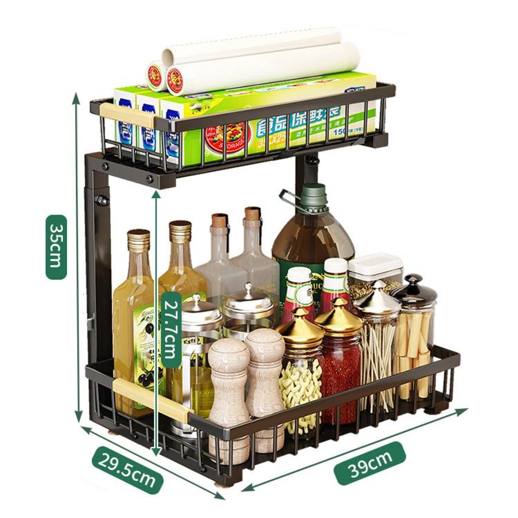 Organizzatore sottolavello regolabile in altezza con mobiletto scorrevole e cassetto portaoggetti.