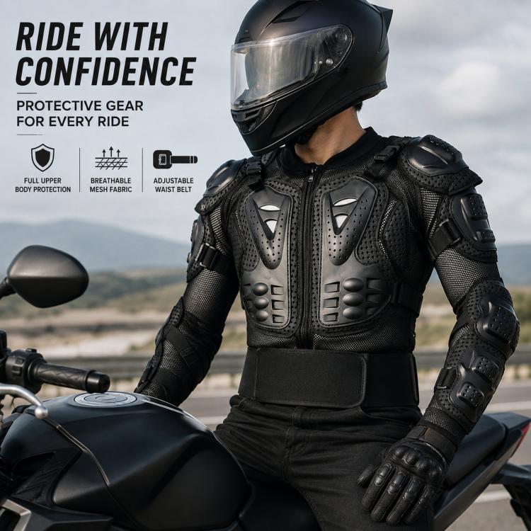 Giacca protettiva integrale per motociclisti con paraschiena rimovibile., S, M, L, XL, XXL, XXXL, 4XL