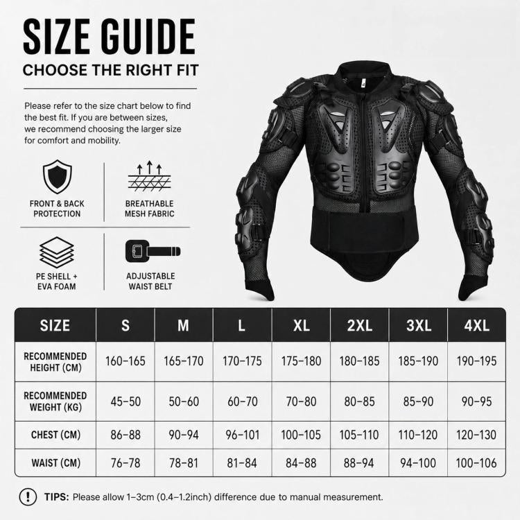 Giacca protettiva integrale per motociclisti con paraschiena rimovibile., S, M, L, XL, XXL, XXXL, 4XL