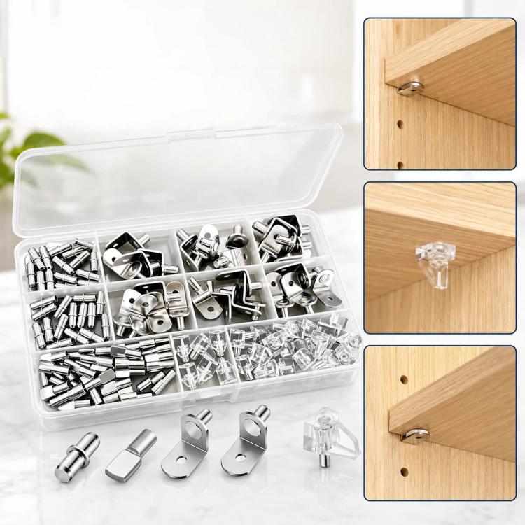 Kit di 112 perni per mensole in metallo e plastica trasparente, 5 stili assortiti, con scatola organizer., 112 PCS/Box Silver