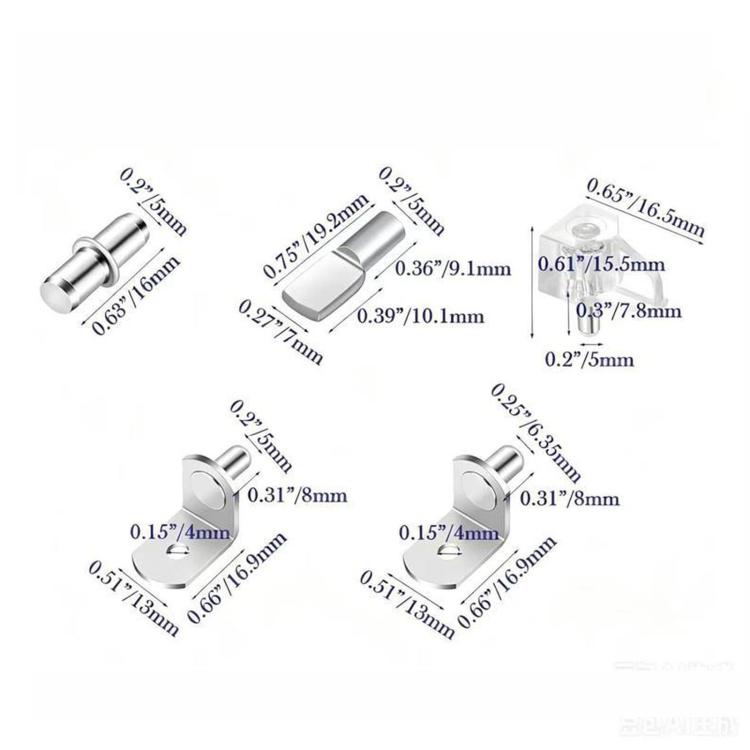 Kit di 112 perni per mensole in metallo e plastica trasparente, 5 stili assortiti, con scatola organizer., 112 PCS/Box Silver