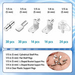Kit di 112 perni per mensole in metallo e plastica trasparente, 5 stili assortiti, con scatola organizer., 112 PCS/Box Silver