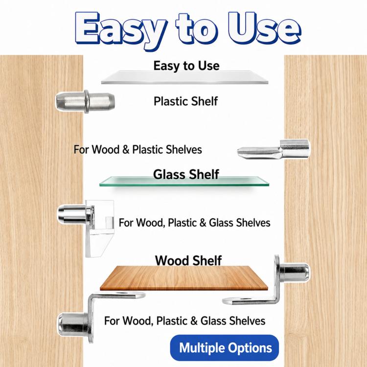 Kit di 112 perni per mensole in metallo e plastica trasparente, 5 stili assortiti, con scatola organizer., 112 PCS/Box Silver