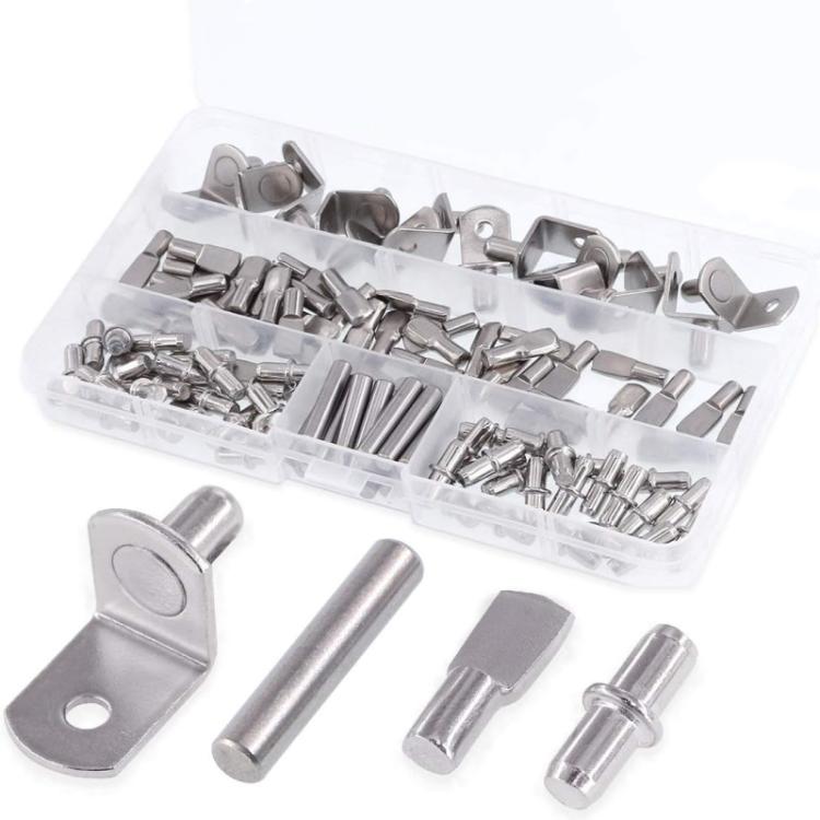 Kit di 120 perni per mensole in metallo, 4 stili assortiti, assortiti di staffe e perni di supporto per mensole., 120 PCS/Box