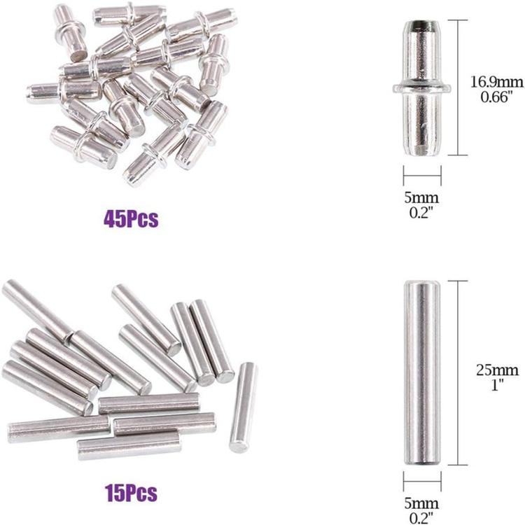 Kit di 120 perni per mensole in metallo, 4 stili assortiti, assortiti di staffe e perni di supporto per mensole., 120 PCS/Box