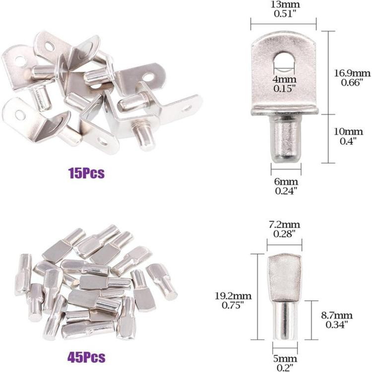 Kit di 120 perni per mensole in metallo, 4 stili assortiti, assortiti di staffe e perni di supporto per mensole., 120 PCS/Box