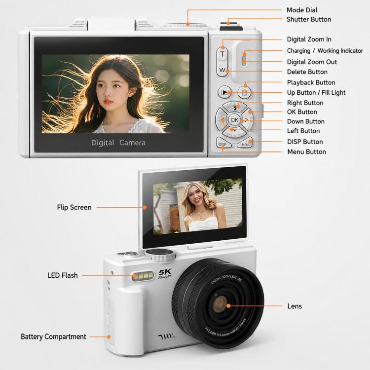 Videocamera digitale WD08 HD 5K con sensore CCD da 75 MP e Wi-Fi