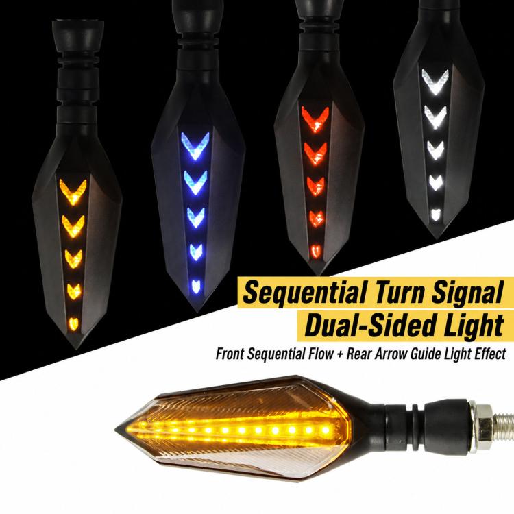 1 coppia di indicatori di direzione sequenziali a LED per moto con freccia DRL, indicatori di direzione ambra a flusso continuo su entrambi i lati.