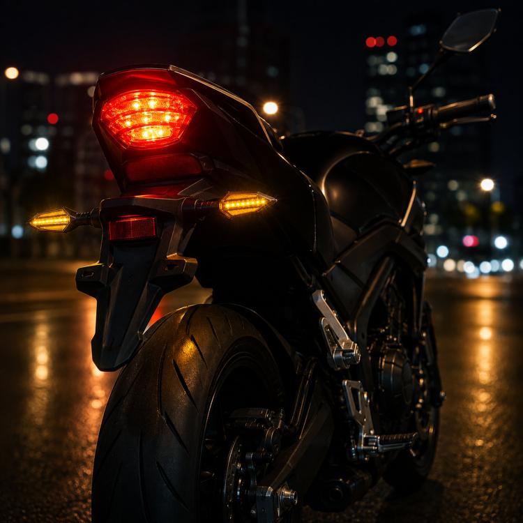 1 coppia di indicatori di direzione sequenziali a LED per moto con freccia DRL, indicatori di direzione ambra a flusso continuo su entrambi i lati.