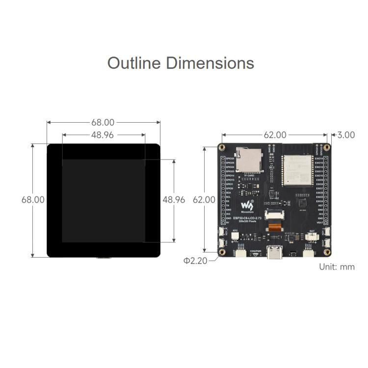 Scheda di sviluppo Waveshare ESP32-C6 con display LCD 2,73" 320x320