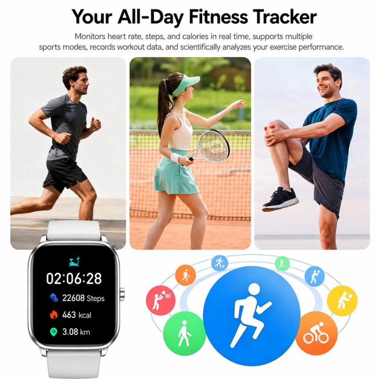 Smartwatch Y8 con chiamate Bluetooth, fitness tracker, monitoraggio della frequenza cardiaca e del sonno.