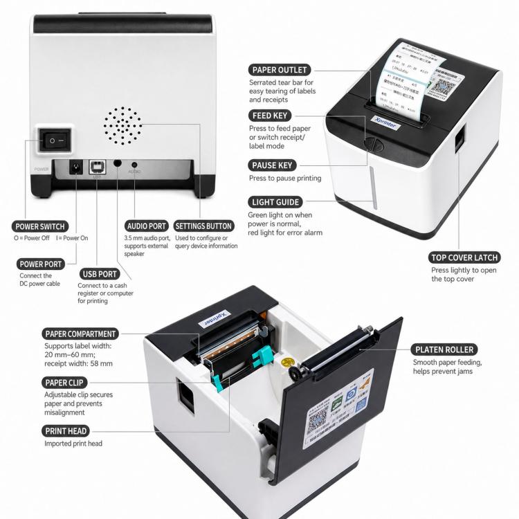 Stampante termica per etichette e scontrini Xprinter XP-T271U Cloud Tag Wifi per la stampa di etichette e adesivi per bevande come tè al latte., US Plug, EU Plug, UK Plug