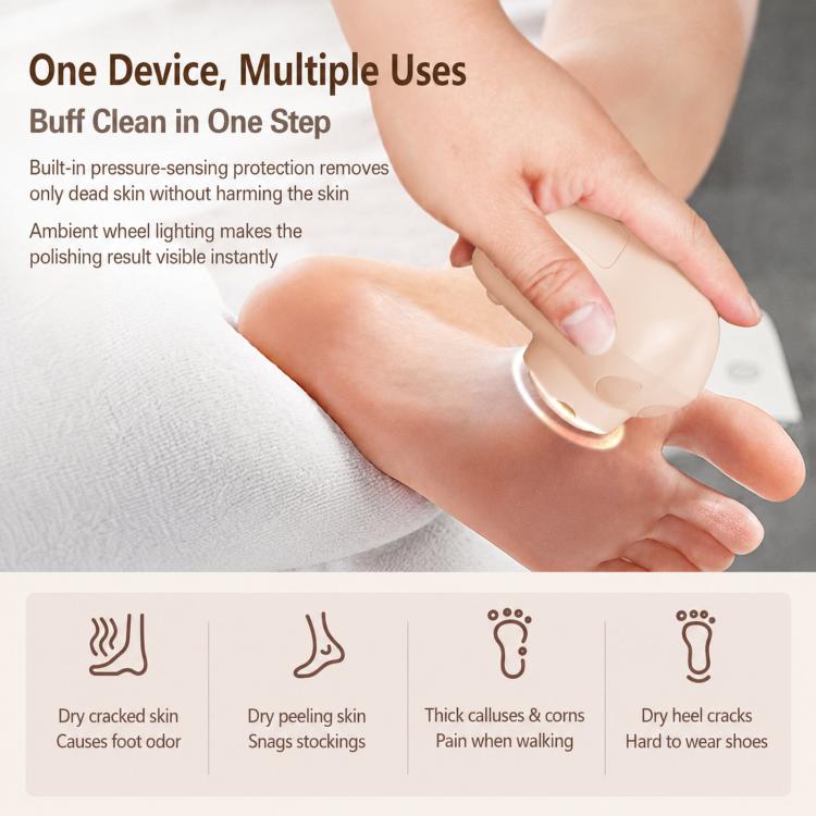 Strumento elettrico ricaricabile per la rimozione dei calli ai piedi, ideale per pedicure, con 3 rulli al quarzo e display a LED.