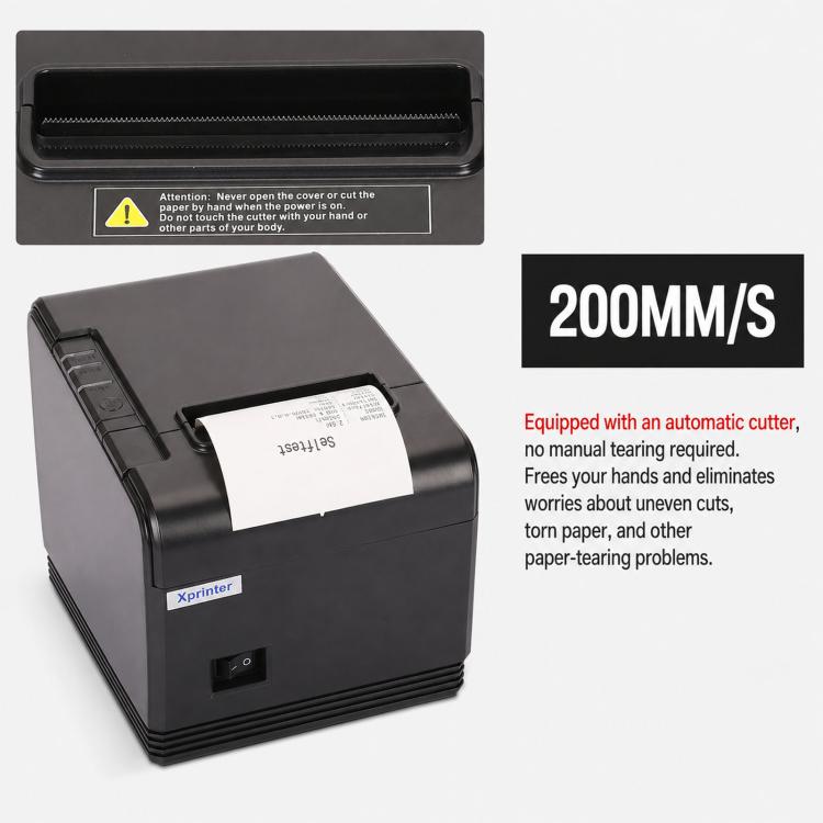Stampante termica per scontrini Xprinter XP-Q200 con porta USB+Lan, formato 80 mm, ideale per ristoranti e negozi di bubble tea., US Plug, EU Plug, UK Plug