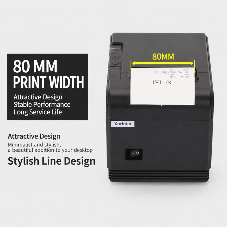 Stampante termica per scontrini Xprinter XP-Q200 con porta USB+Lan, formato 80 mm, ideale per ristoranti e negozi di bubble tea., US Plug, EU Plug, UK Plug