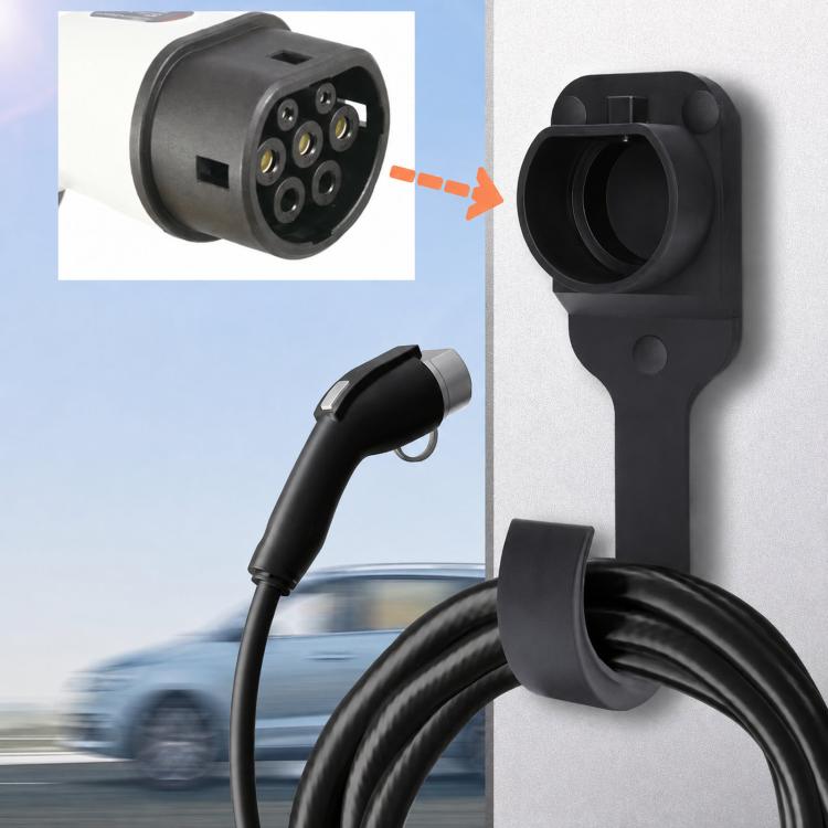 Supporto da parete per caricabatterie per veicoli elettrici di tipo 2, conforme alla norma IEC 62196-2, con supporto per cavi e alloggiamento per caricabatterie.