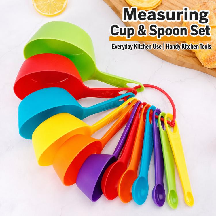 Set di misurini e cucchiai dosatori in plastica, colore arcobaleno, impilabili, con anello e scala graduata incisa., 12 PCS/Set, 6 PCS/Set