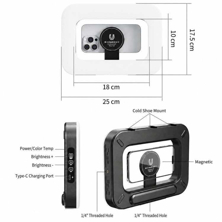Anello luminoso ricaricabile per selfie e riprese video con smartphone, ZGRL01 Three-Color Temperature