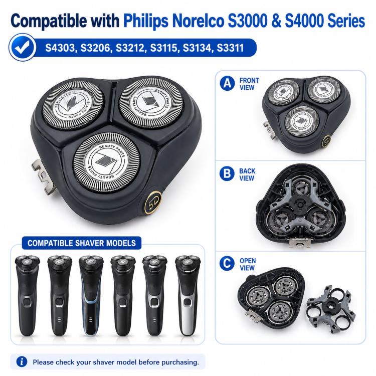 Testina di ricambio per rasoio Philips Norelco serie S3000 e S4000, modelli S4303 / S3206 / S3212, Silver Lettering, Gold Lettering