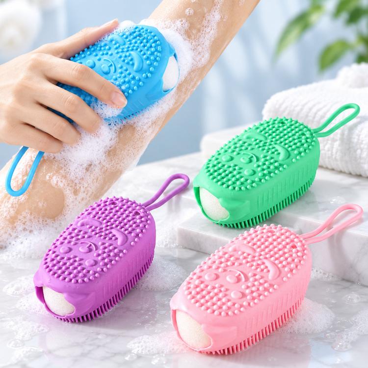 Spazzola per il corpo in silicone a doppia faccia con spugna in polpa di legno incorporata, morbida spazzola per la doccia e il bagno