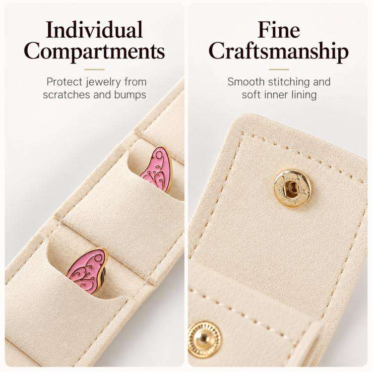 Mini pochette da viaggio a 4 scomparti per gioielli, pieghevole, per anelli e orecchini, con chiusura a bottone automatico.