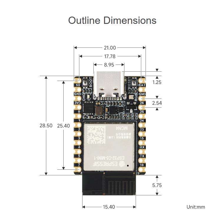 Scheda di sviluppo Waveshare ESP32-C5 Mini Dual-Band Wi-Fi 6, processore single-core a 240 MHz, with Pinheader, Without Pinheader