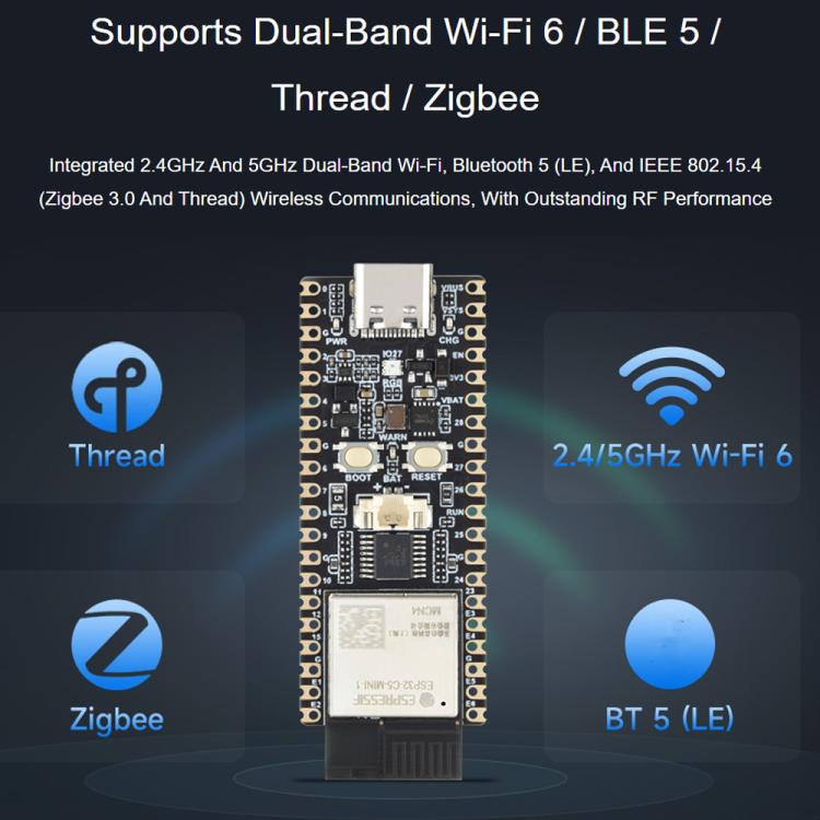 Scheda di sviluppo Waveshare ESP32-C5 Dual-Band Wi-Fi 6 con processore single-core a 240 MHz, Without Pinheader, With Pinheader