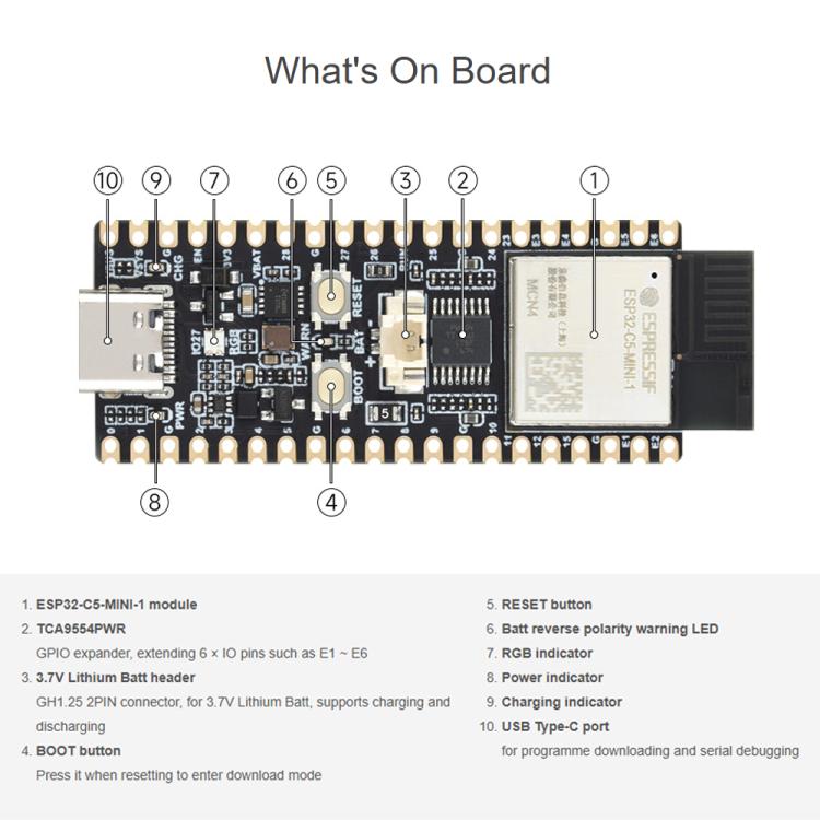 Scheda di sviluppo Wi-Fi 6 dual-band Waveshare ESP32-C5 con antenna FPC esterna, Without Pinheader, With Pinheader